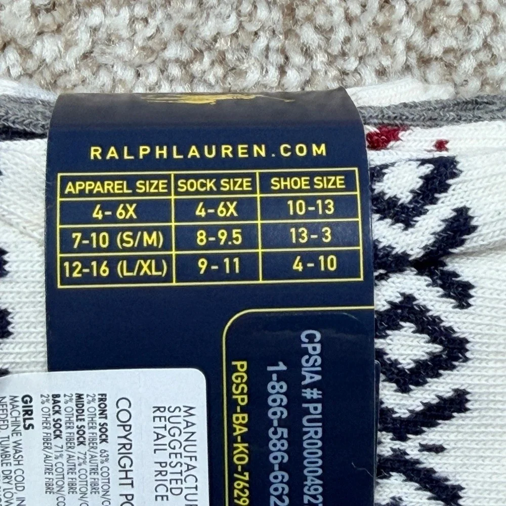 Polo Ralph Lauren Girls 3 Pack Winter Holiday Socks 4-6X Shoe 10-13 Ivory Grey